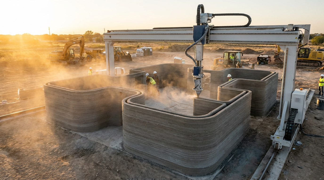 3D printer extruding concrete walls for a modern home