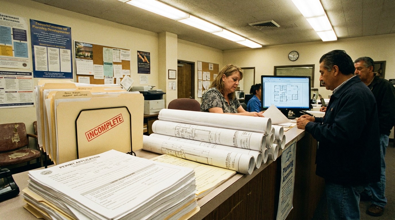 Architectural blueprints on a planning department counter with Application Incomplete stamp