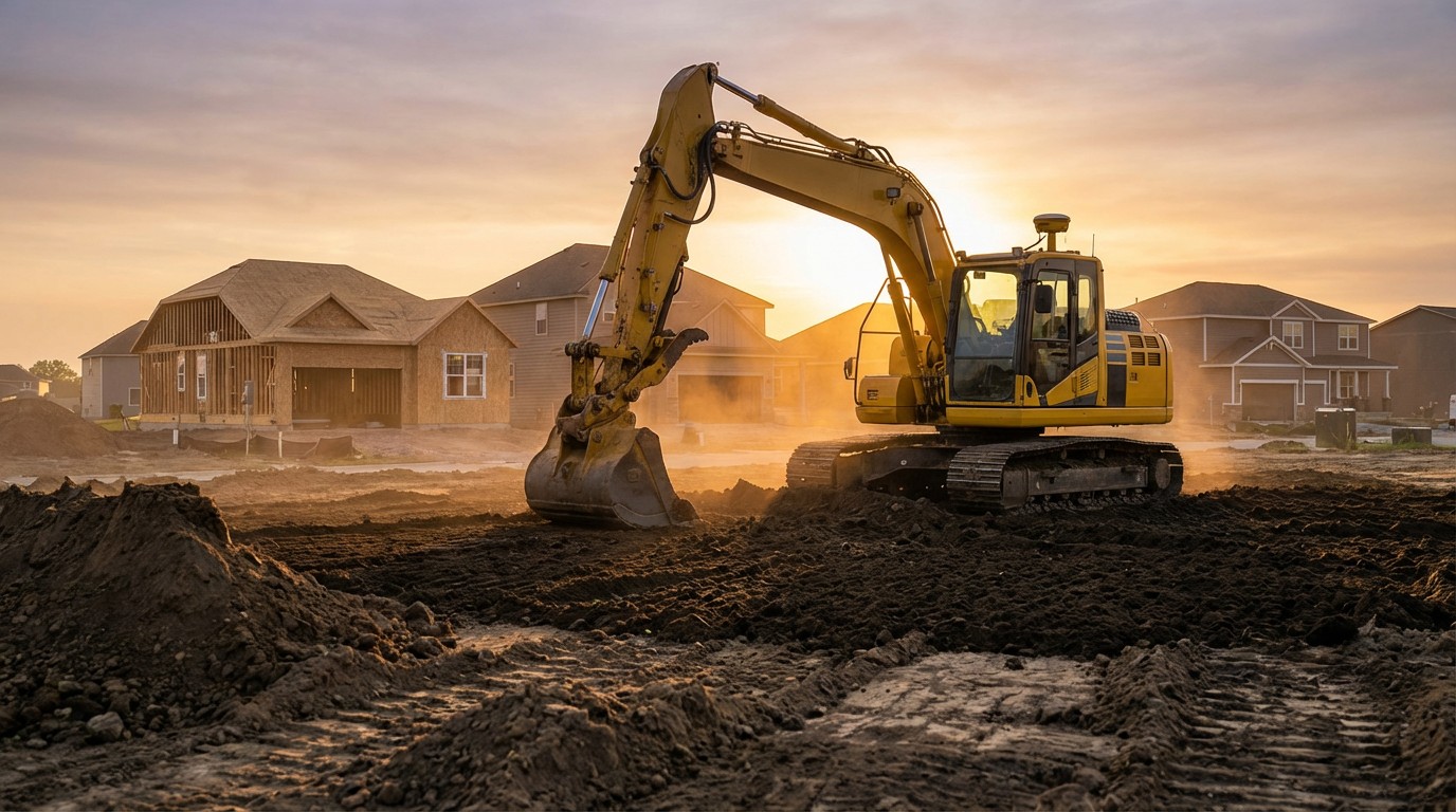 Autonomous excavator grading a residential lot