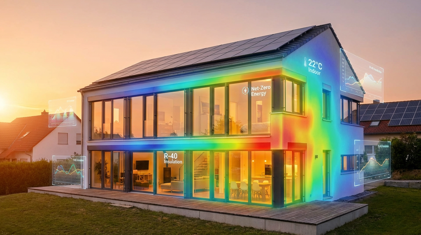 Modern passive house with energy efficiency visualization