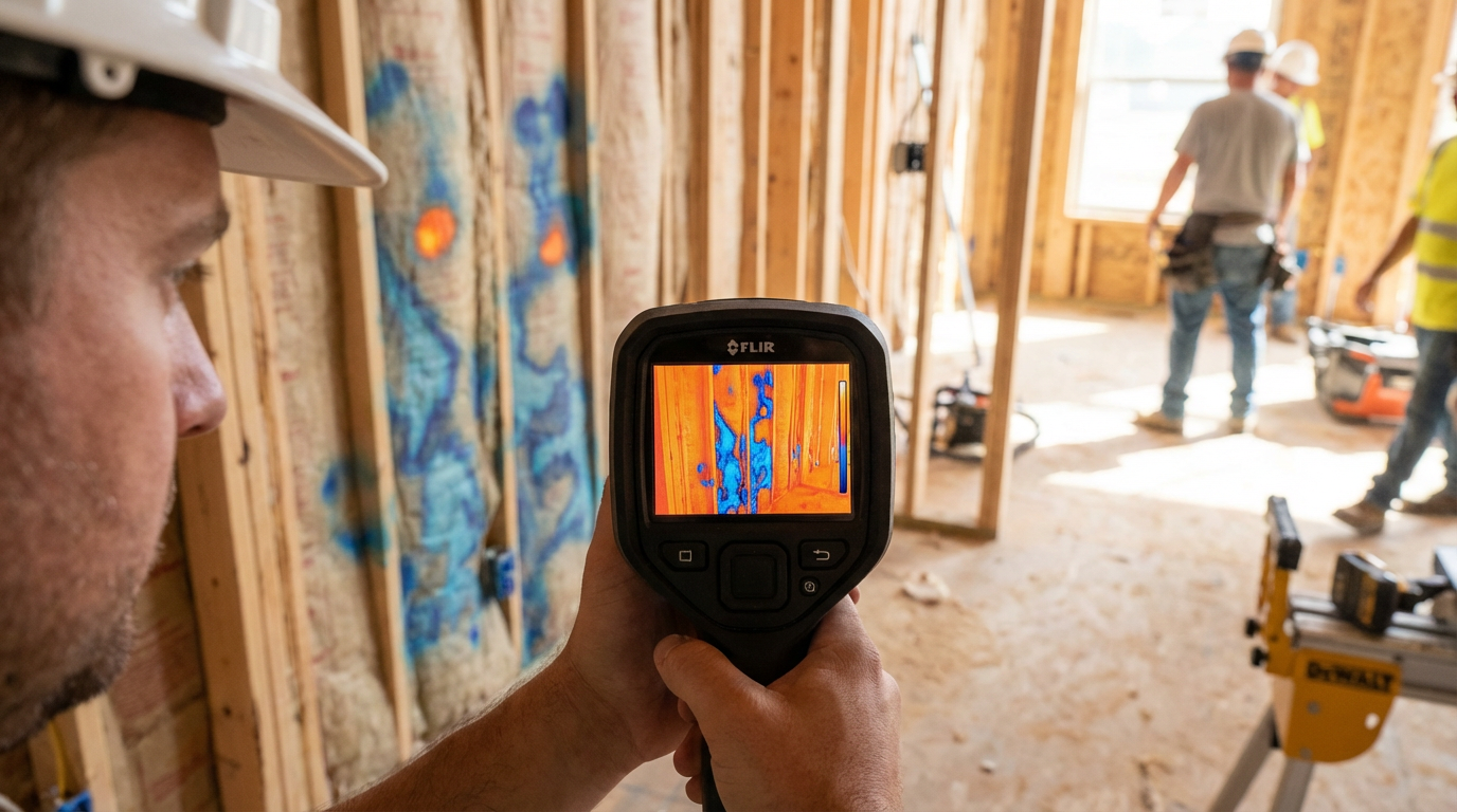 Thermal camera revealing moisture in wall framing