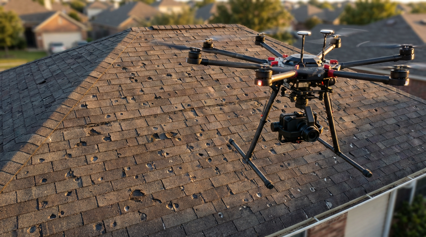 Drone inspecting residential roof for damage