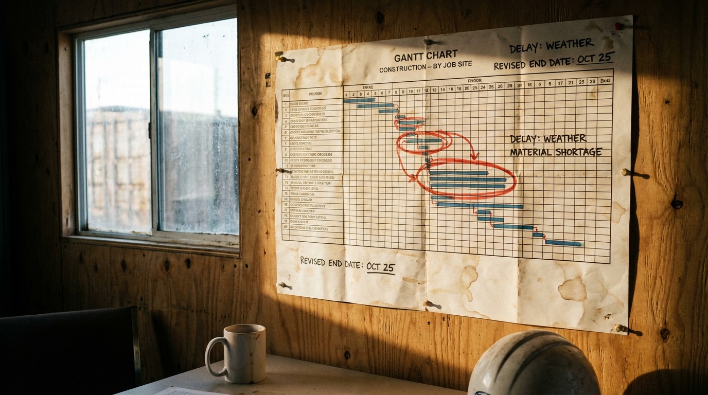 Construction scheduling dashboard showing AI-optimized timeline for residential build