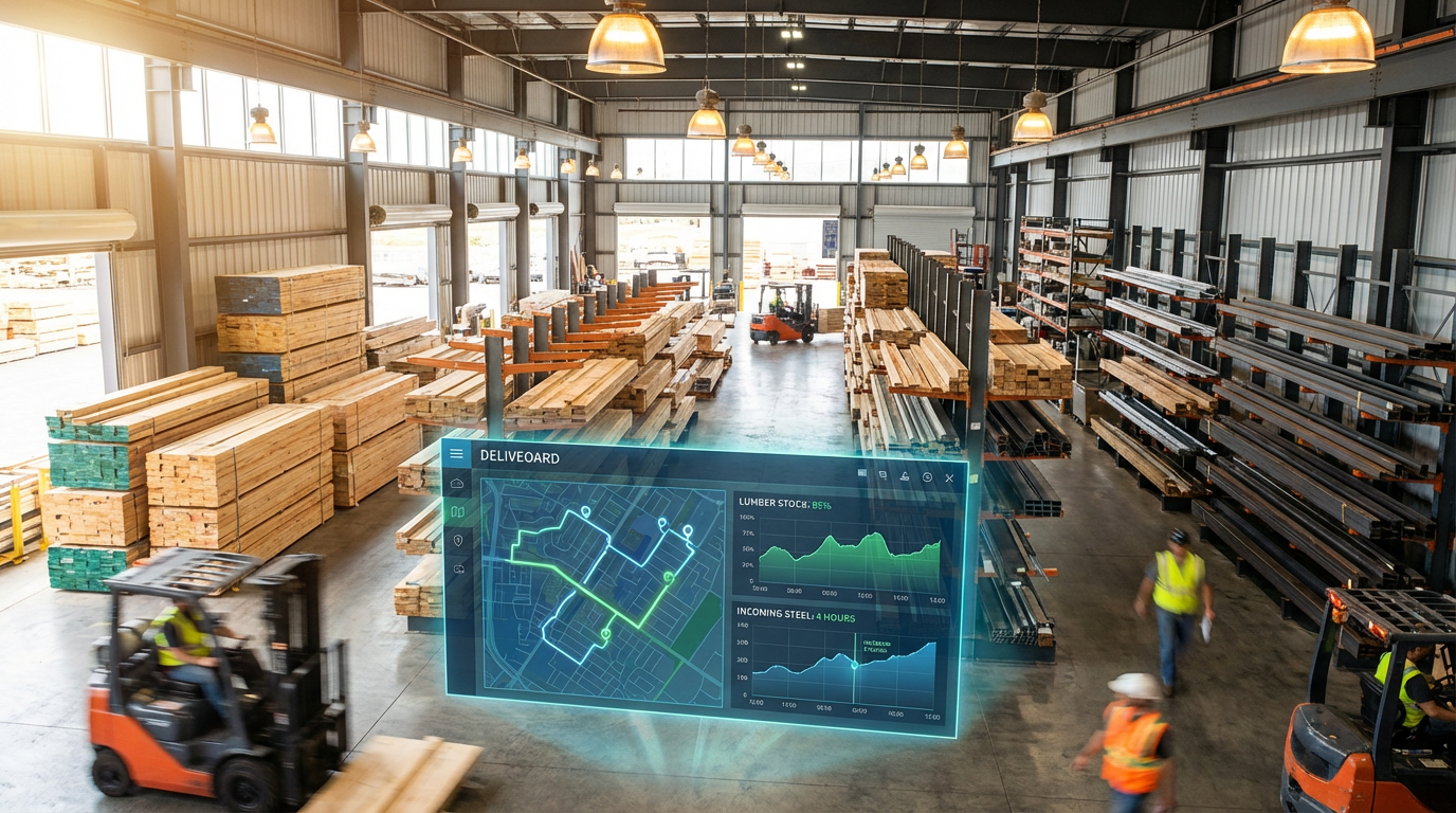 AI-powered construction supply chain warehouse with tracking dashboards