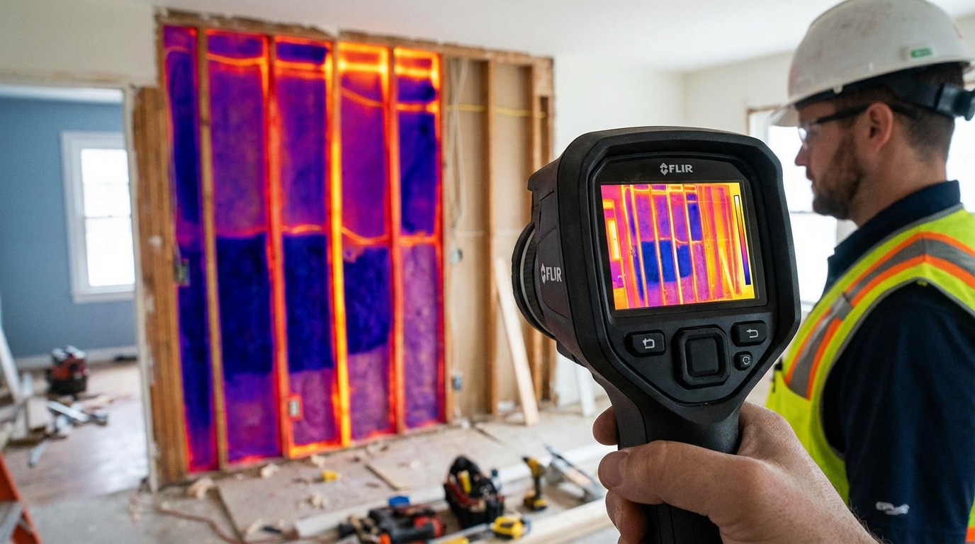 An AI-powered thermal camera scanning house wall insulation, revealing heat map patterns of insulation voids