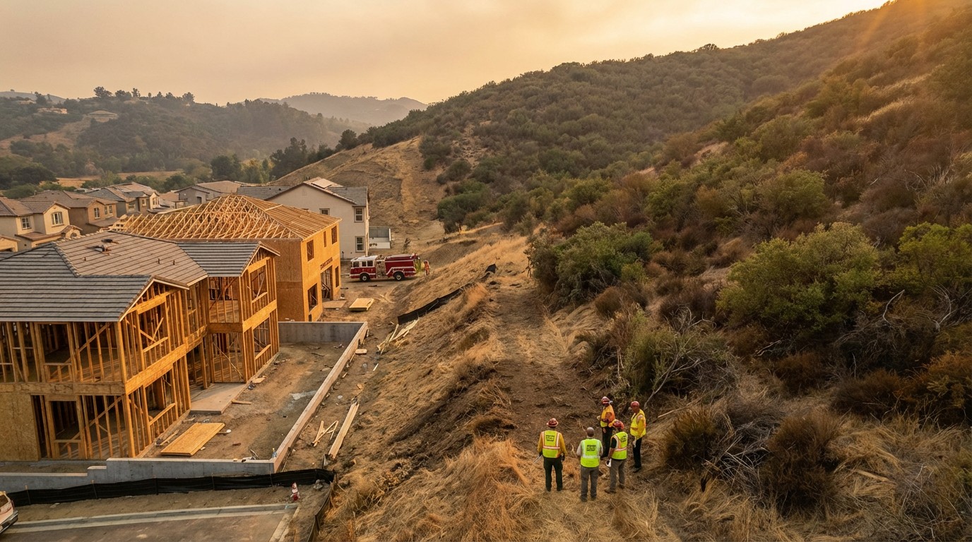 New home construction at the edge of dry California hills with wildfire risk assessment crews