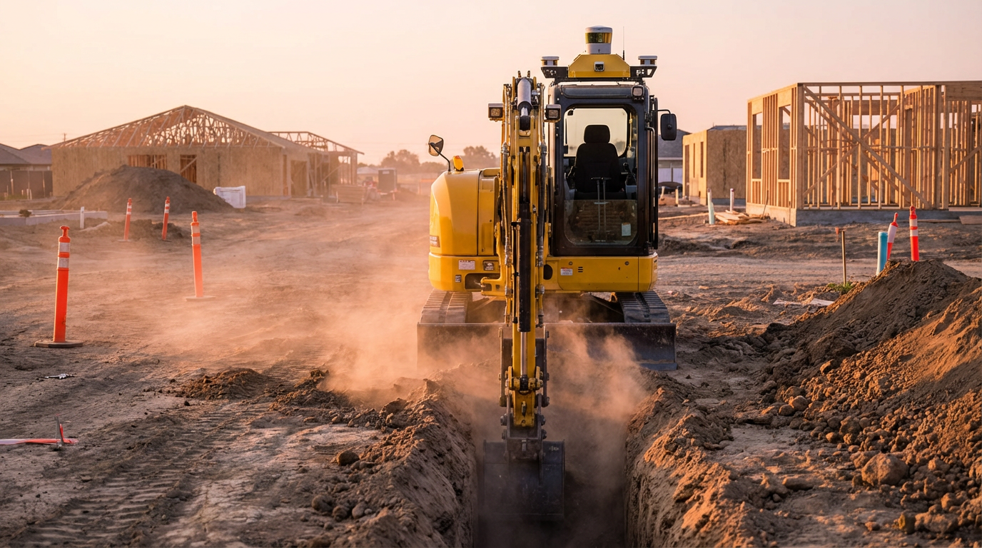 Autonomous excavator with LiDAR on a residential site