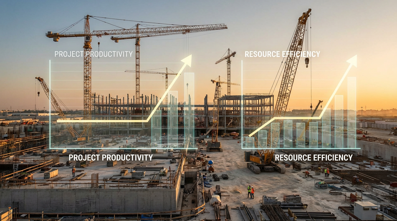 Large construction site with cranes and productivity data overlays