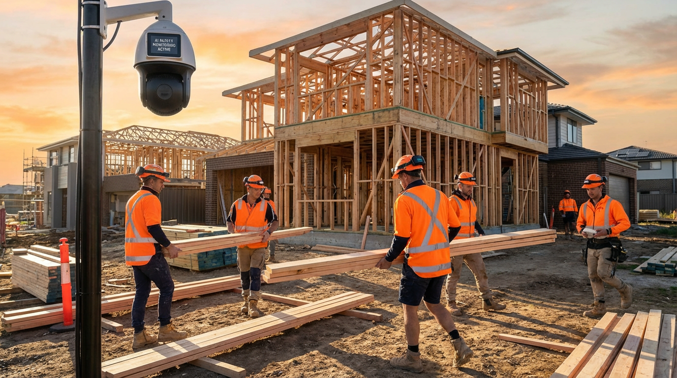 Construction site with AI safety cameras monitoring workers