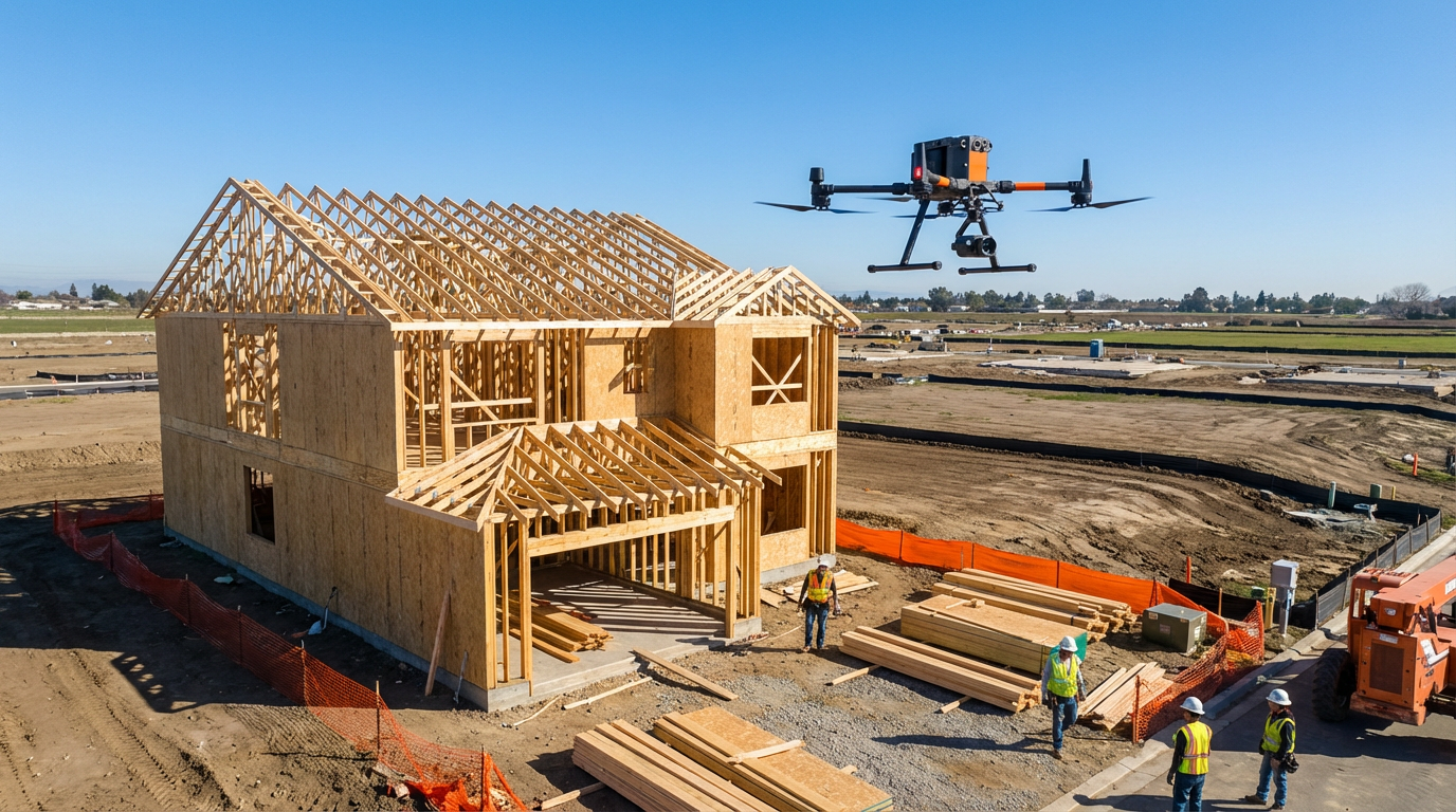 Drone surveying a residential construction site from above