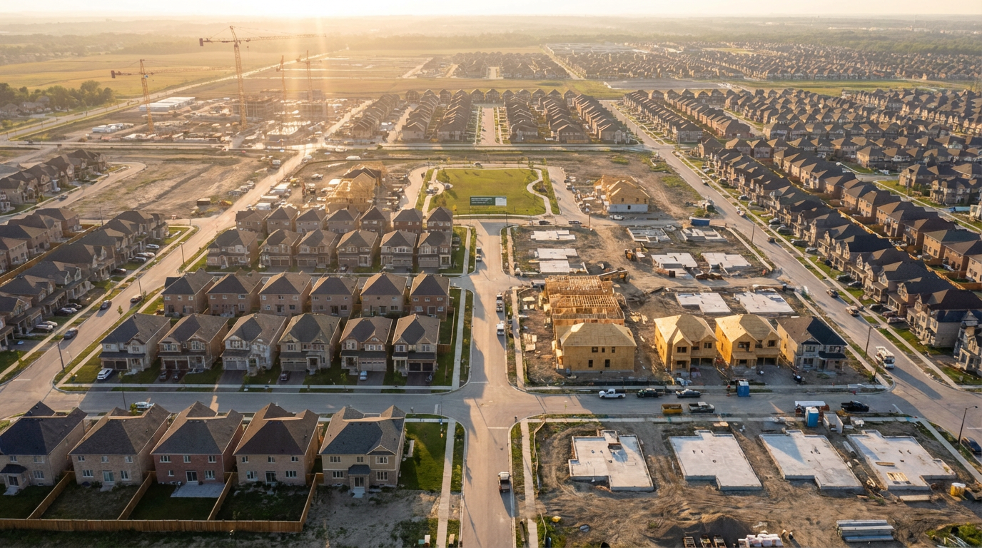Aerial view of vast suburban housing development under construction