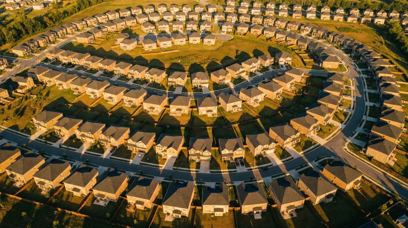 Aerial view of suburban subdivision at golden hour