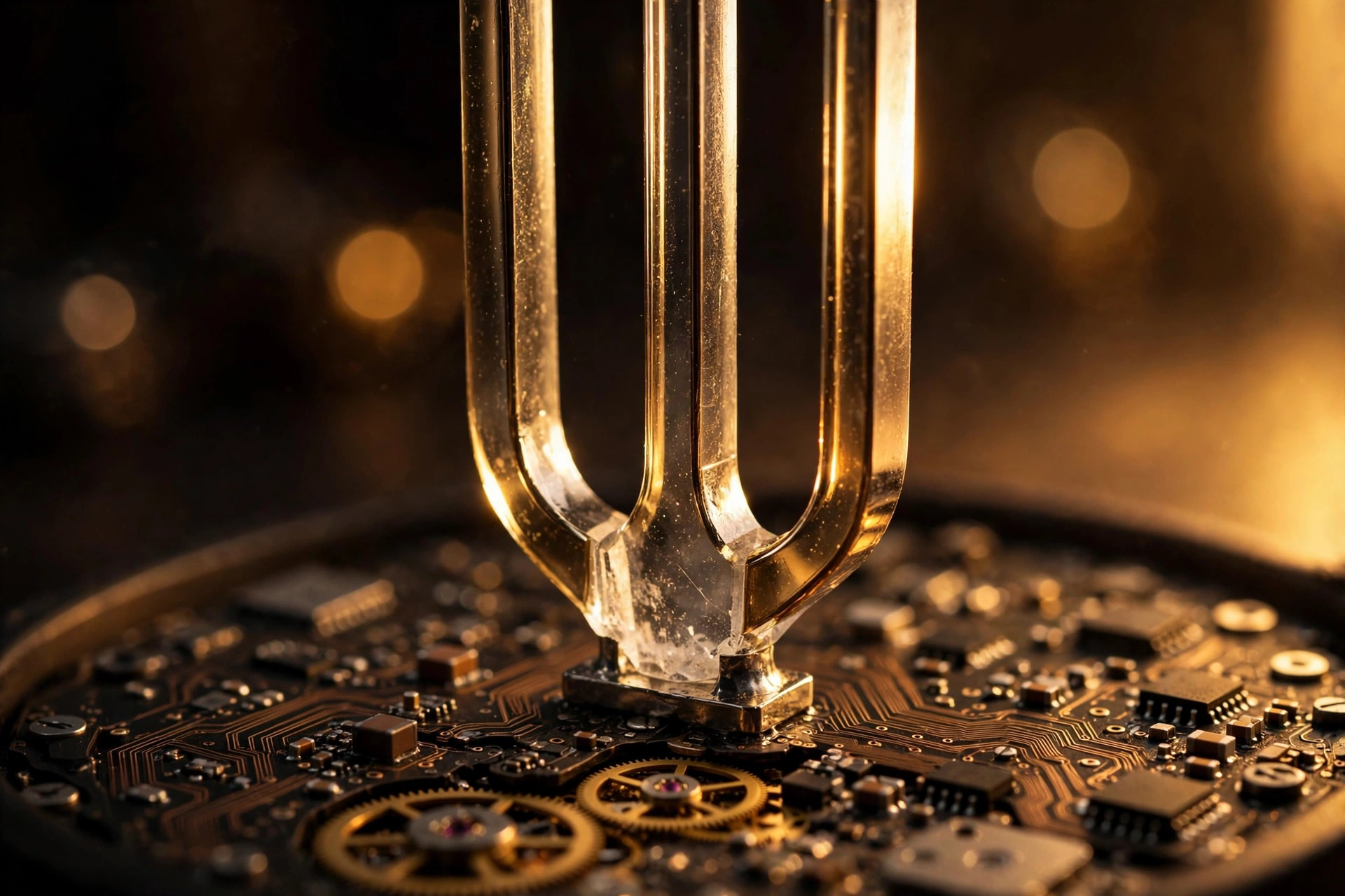 Editorial macro photograph in warm amber light of a quartz tuning fork crystal under magnification, three polished tines catching highlights against a dark circuit board with copper traces