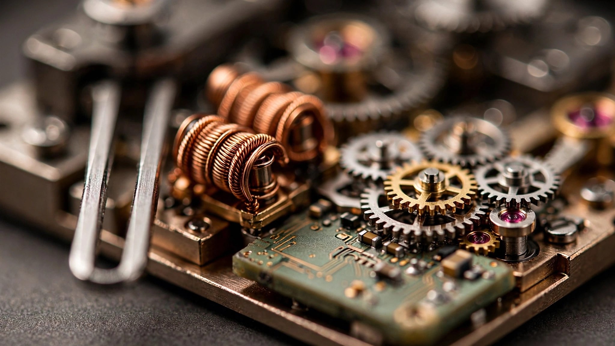 Extreme close-up of the Accutron Spaceview 314 tuning fork mechanism showing copper driving coils and green circuit board