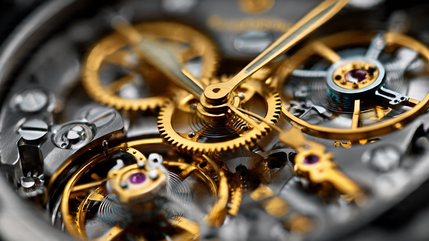 Macro photograph of the Audemars Piguet Caliber 8100 rack-and-pinion chronograph mechanism with warm editorial lighting