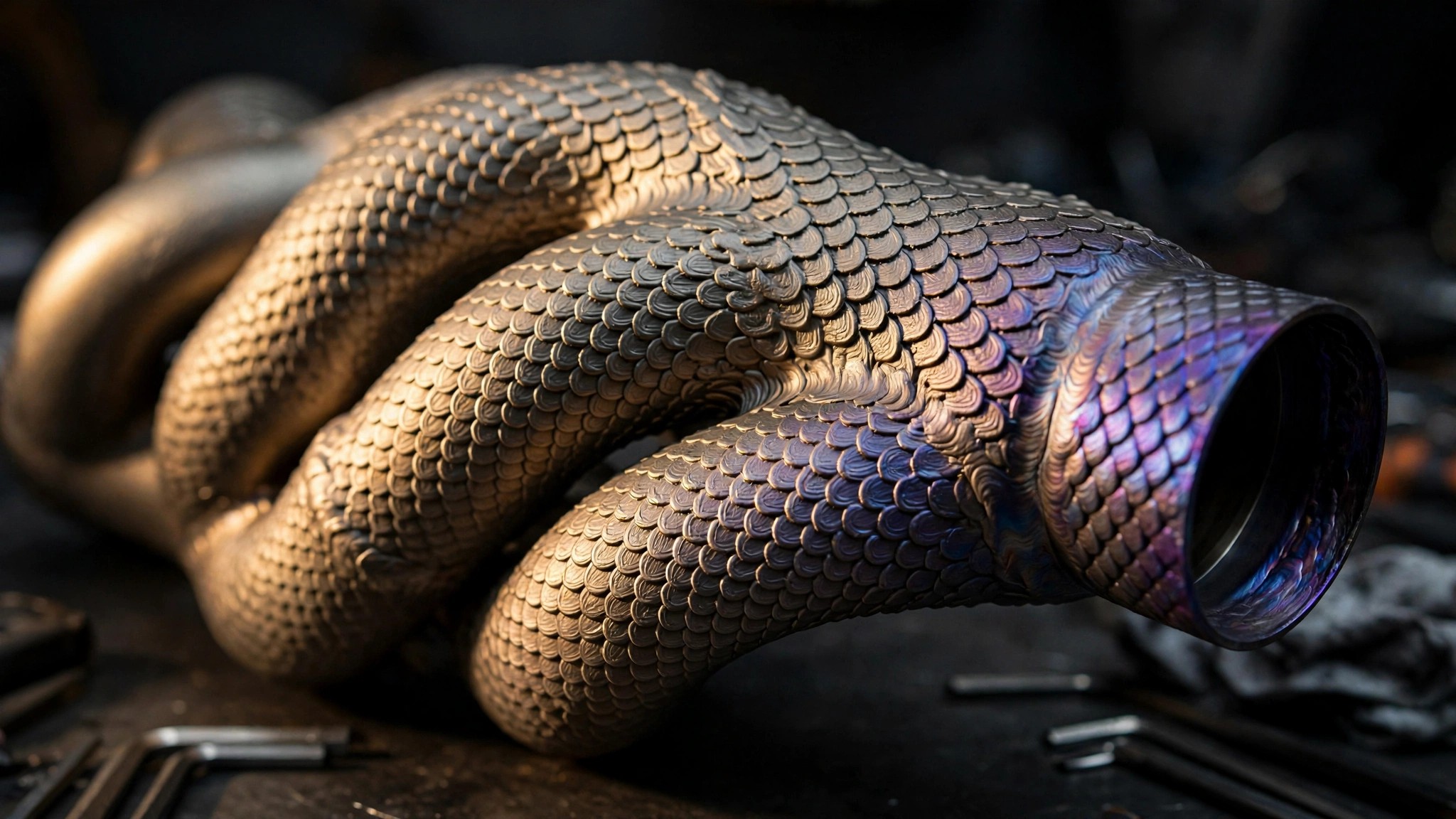 Macro photograph of a 3D-printed titanium exhaust manifold showing intricate scale-textured surface and complex organic tube routing under warm directional workshop lighting