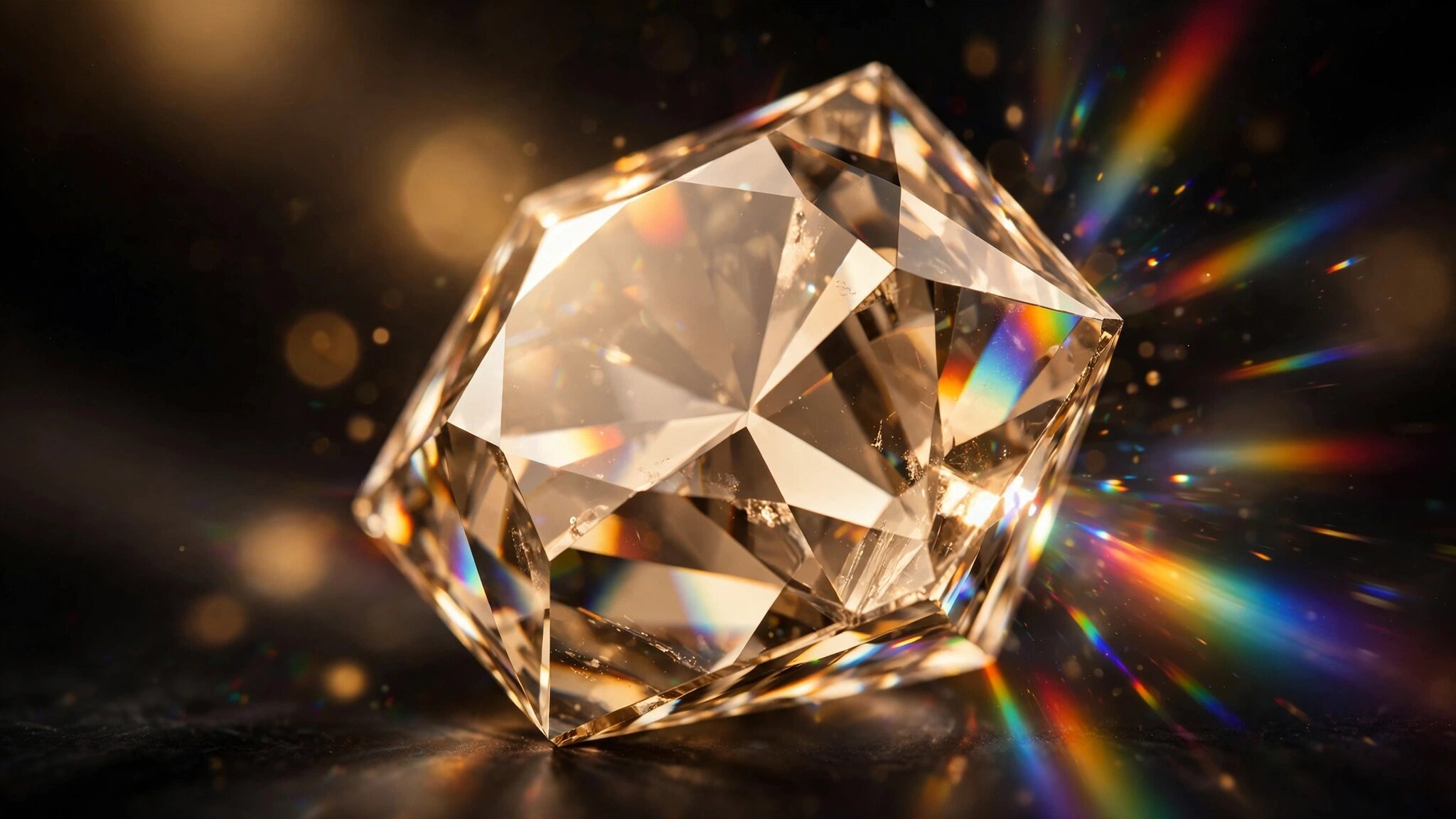Macro photograph of a faceted moissanite crystal catching prismatic spectral light