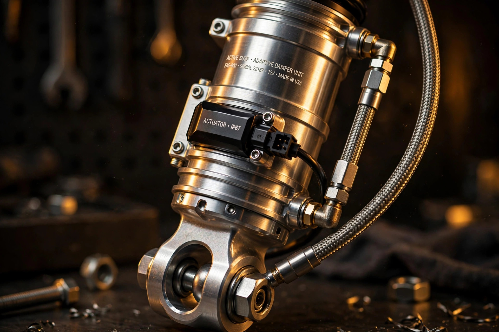 Editorial macro photograph in warm amber light of a fully active suspension damper unit: polished aluminum damper body with braided steel hydraulic lines and a machined clevis mount, glowing against a dark workshop background