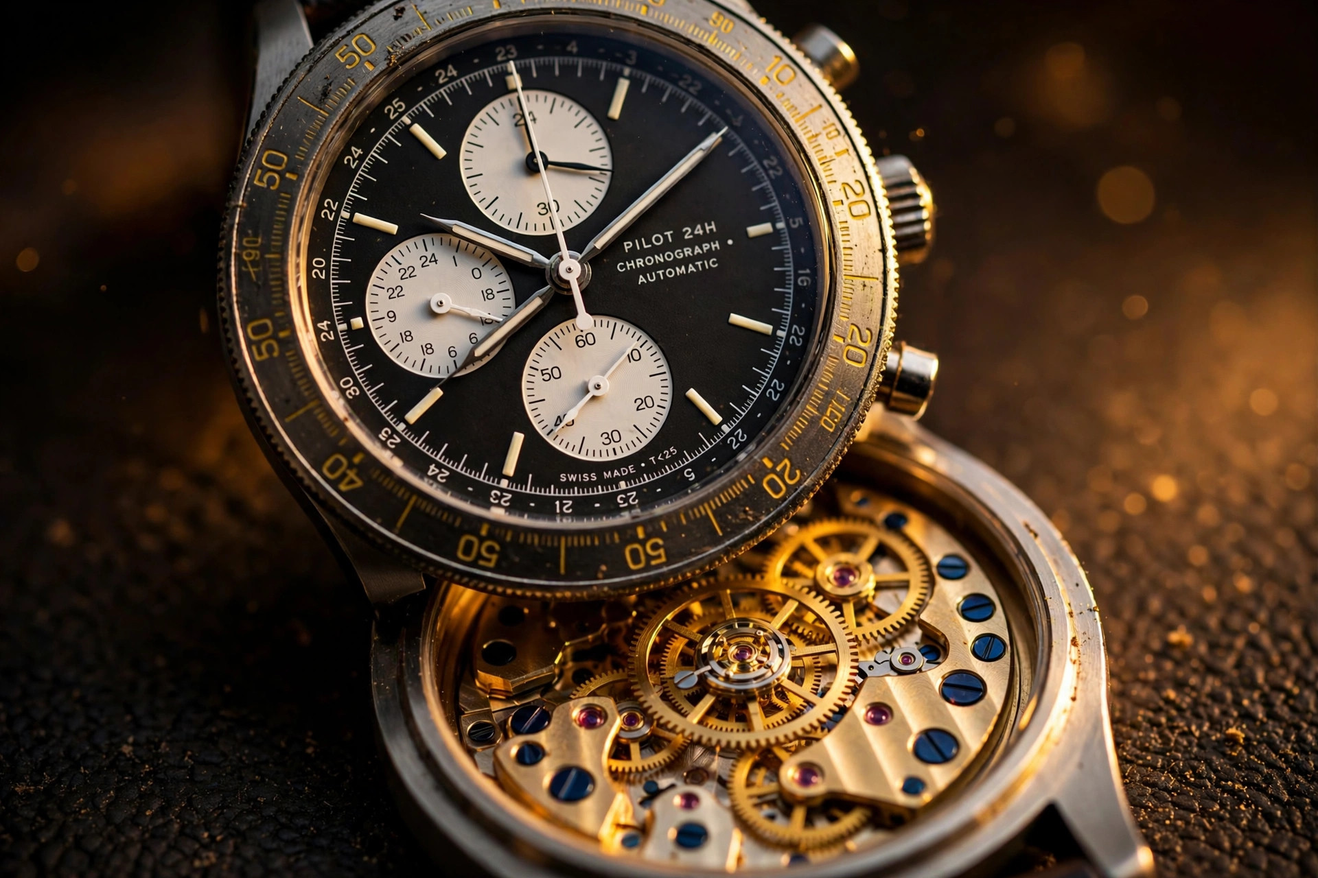 Editorial macro photograph in warm amber light of a 24-hour chronograph dial with white reverse-panda subdials, column-wheel mechanism visible under a sapphire display back