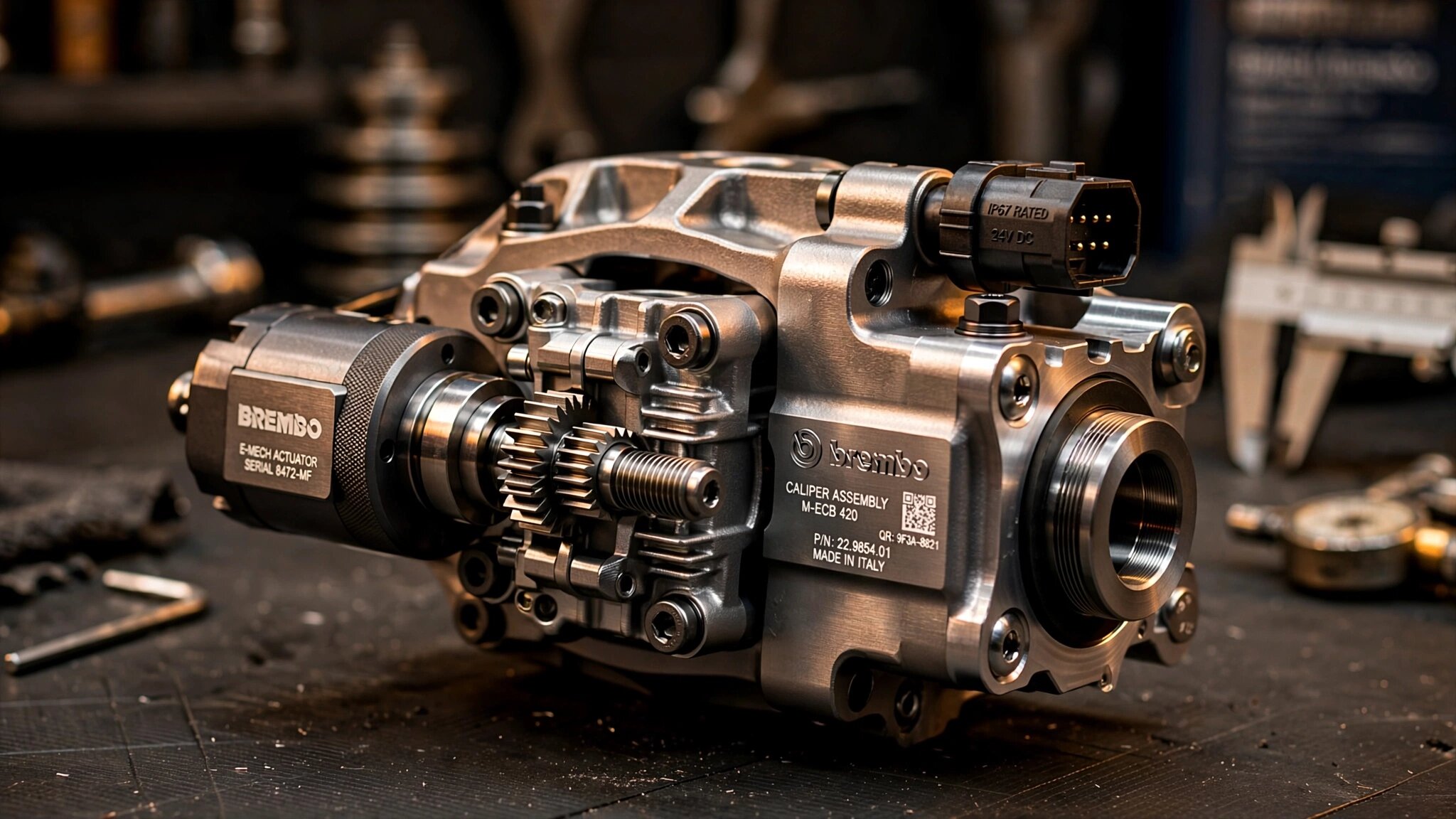Brembo Sensify electromechanical brake caliper assembly showing screw-jack motor and twin-coil actuator