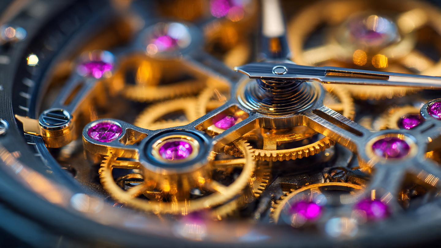 Macro photograph of a Swiss mechanical instrument cluster with miniature FAULHABER stepper motors and sapphire crystal gauges, warm directional lighting revealing five-micron tolerances on polished components