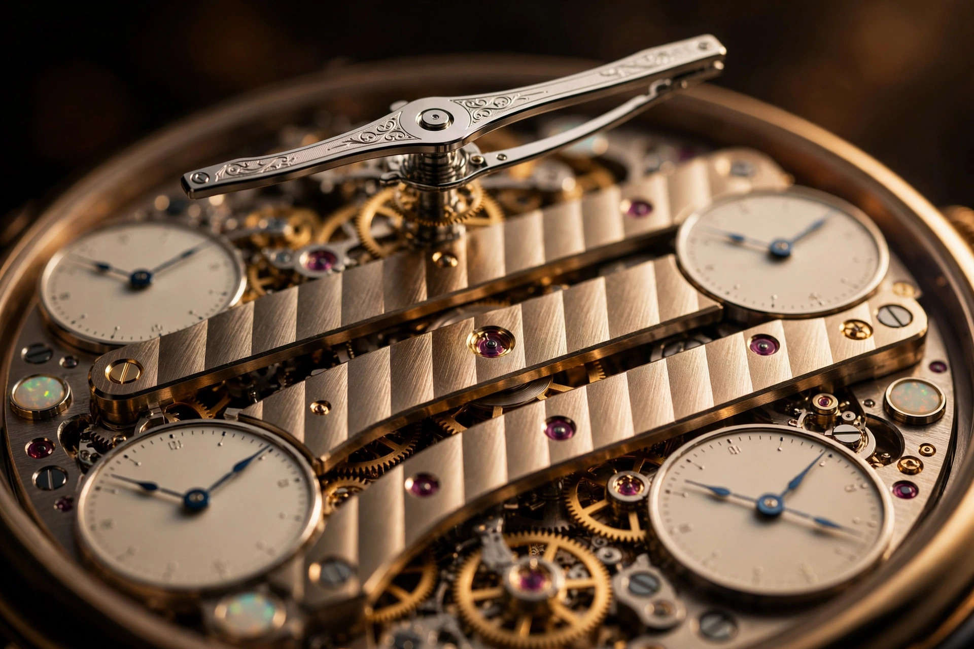Macro photograph of an ultra-thin watch movement with a platinum micro-rotor and four small opaline subdials visible through an openworked section, warm directional studio lighting on brushed metal