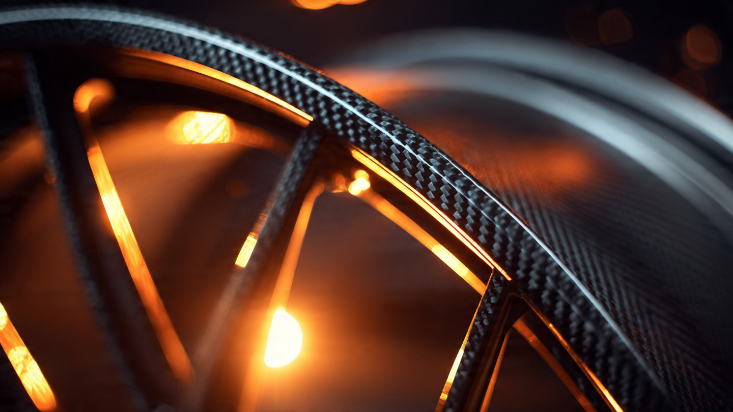 Macro photograph of a one-piece carbon fiber wheel showing woven carbon fiber weave pattern with clear-coated surface under warm amber directional lighting