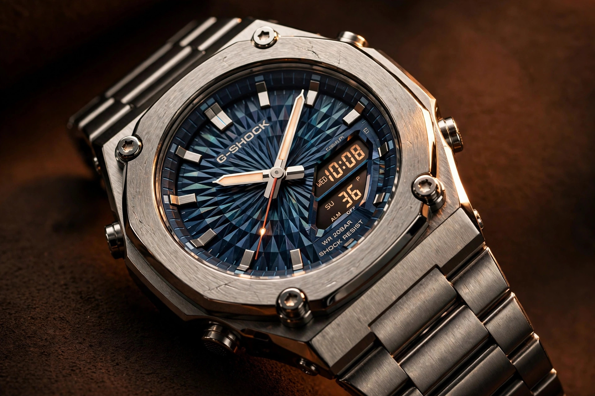 Casio G-Shock GST-W1000 with stainless steel multi-component case in mixed hairline and mirror finishes, three-dimensional radial textured blue dial, steel bracelet, under warm directional lighting