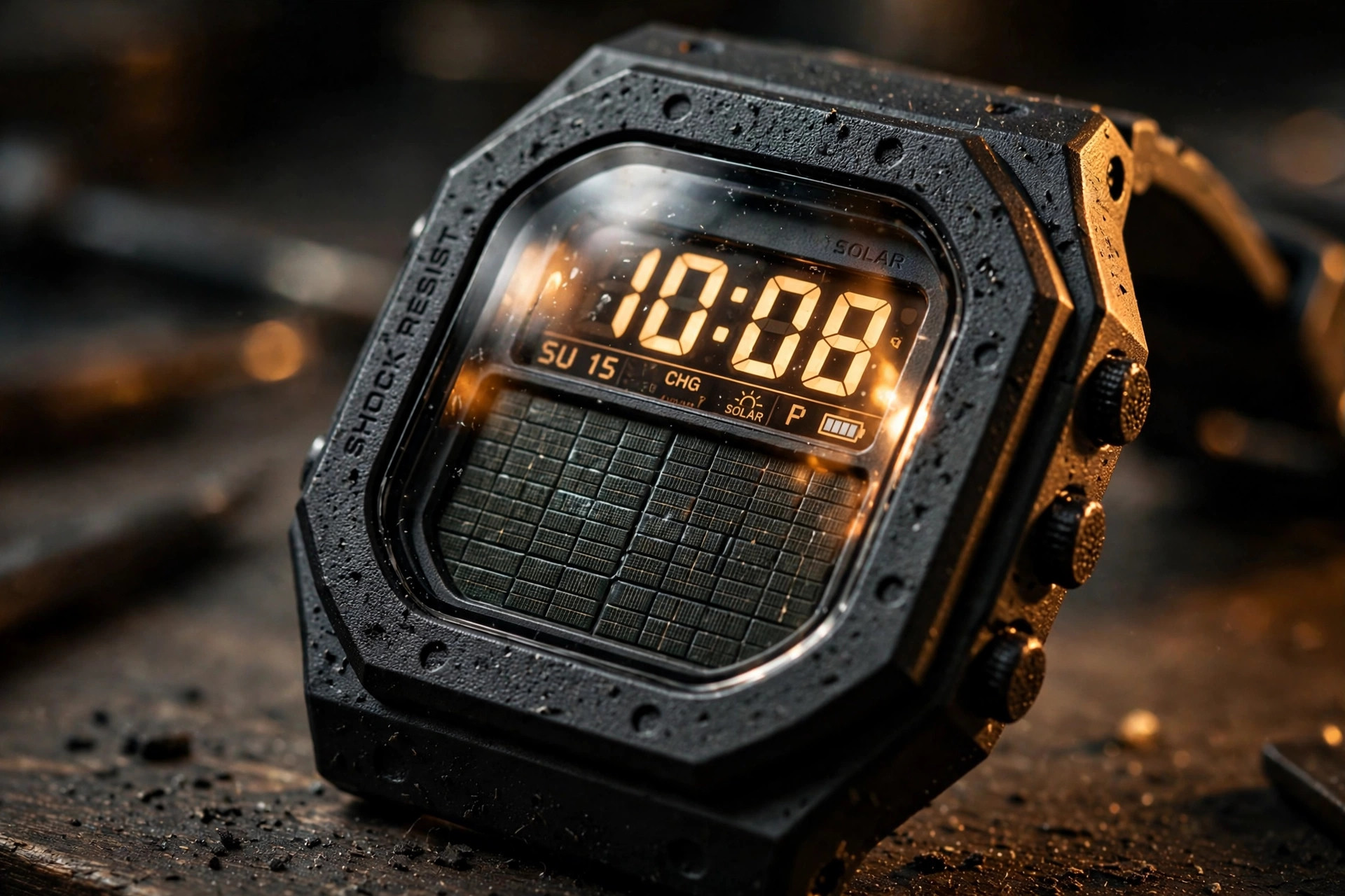 Editorial macro photograph of a black square G-Shock-style digital watch with octagonal resin bezel, glowing LCD time digits and brick-pattern solar dial panel under warm amber workshop lighting