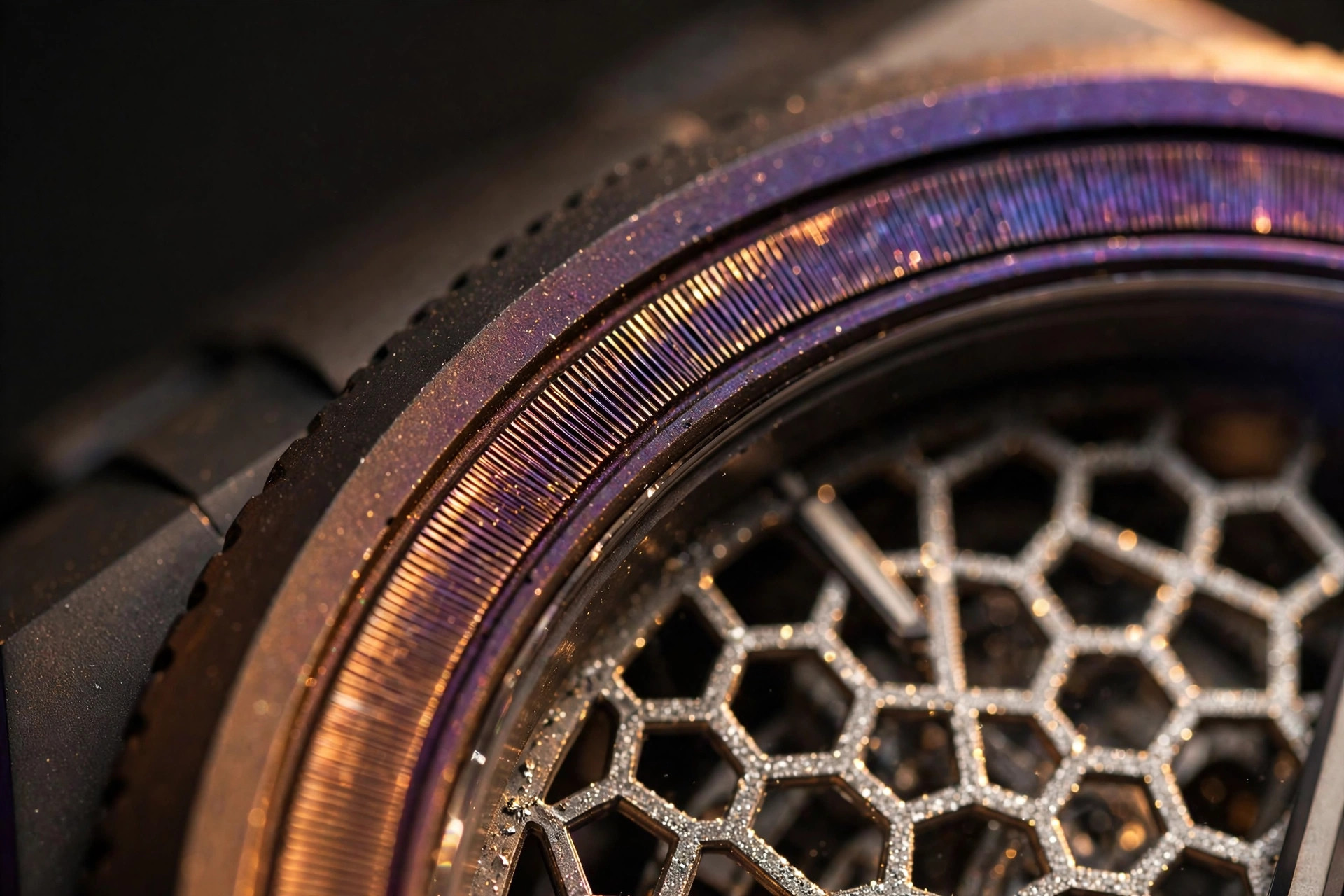 Editorial macro photograph of a dark titanium watch bezel with iridescent laser-textured structural color shifting from bronze to violet, powdered platinum leaf glinting on a geometric latticework dial behind, warm directional studio lighting