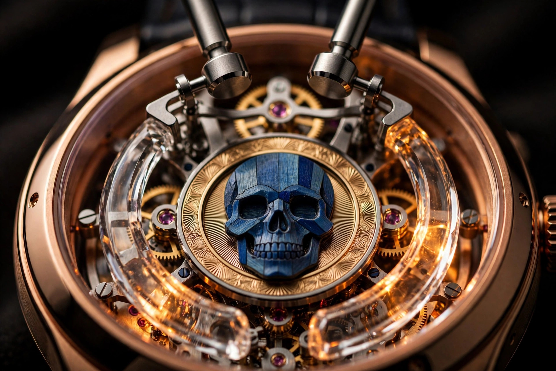 Editorial macro photograph in warm amber light of a minute repeater watch: the dial-side sapphire crystal glowing over a hand-guilloche contour around a skull motif, polished hammers poised above twin gong arms machined into the same sapphire, warm gold case flank, deep shadows