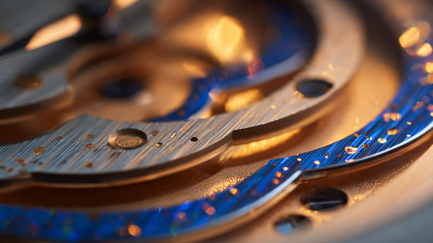 Macro photograph of a watch dial with layered metallic plates and structural color created by light refraction through wave-shaped cutouts