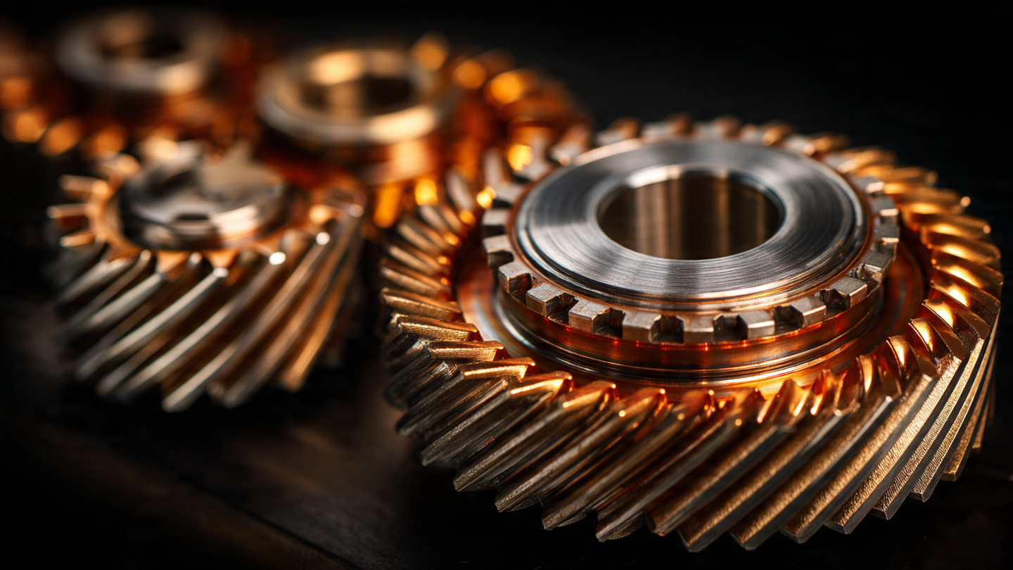 Close-up macro photograph of precision-machined transmission gears and a dual-clutch assembly under warm directional lighting, showing the metallic surfaces and engineering detail of a high-performance automotive gearbox