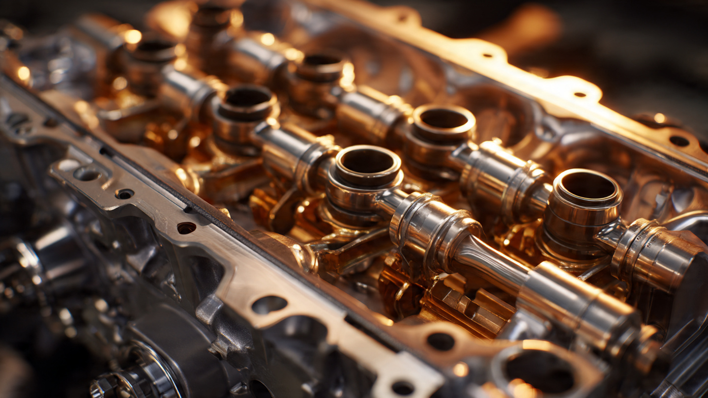 Macro photograph of a polished aluminum V8 engine block with forged steel connecting rods and dual fuel injector rails under warm amber workshop lighting