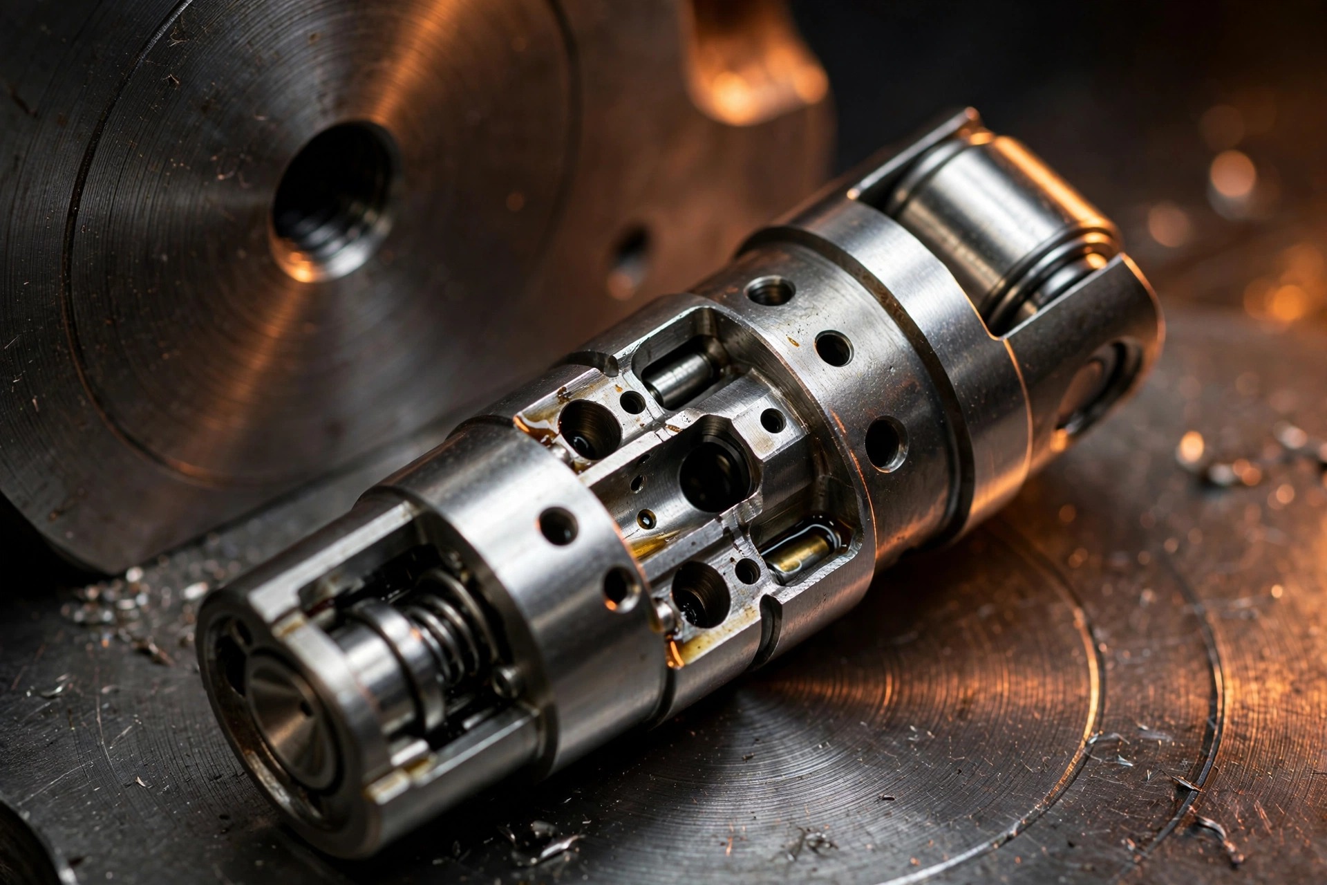 Macro photograph of a hydraulic valve lifter assembly showing oil control passages and collapsible mechanism under warm directional workshop lighting