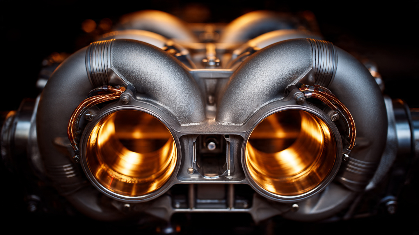 Macro photograph of twin turbochargers integrated into a V8 exhaust manifold, showing the turbine housing, braided oil feed lines, and CNC-machined aluminum exhaust runners under warm amber workshop lighting