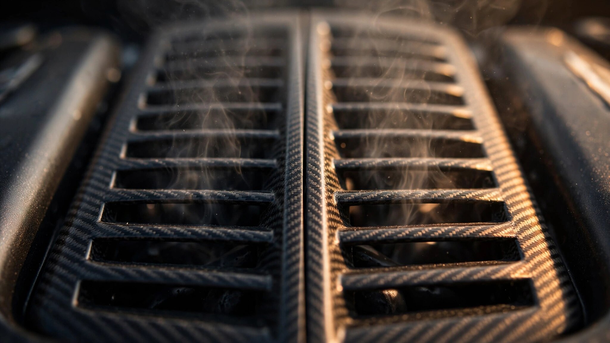 Macro photograph of a carbon fiber split rear window spine with louvered vents and heat haze rising under warm directional lighting