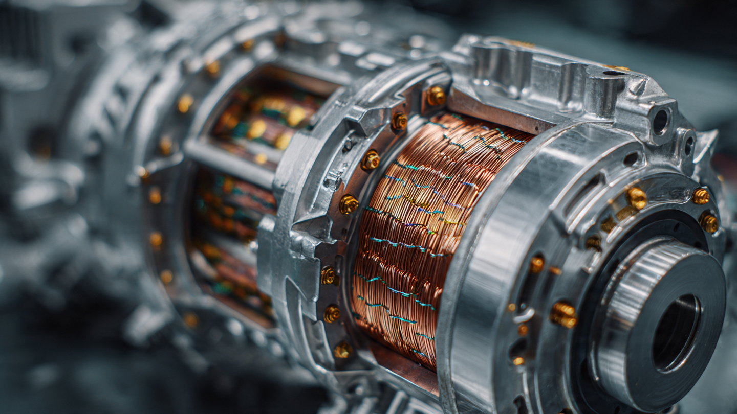 Close-up of a high-performance electric motor assembly with copper windings and machined magnesium housing under warm workshop lighting