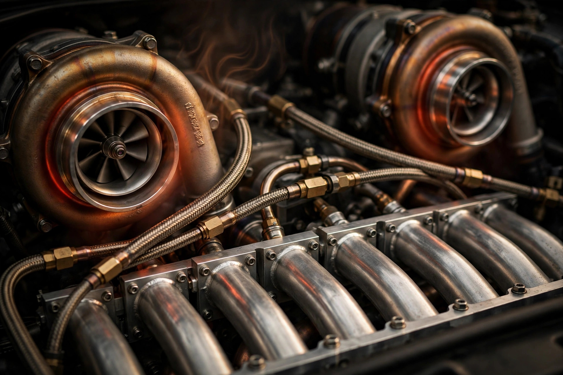 Macro photograph of the Corvette ZR1X's twin-turbo LT7 flat-plane crank V8, glowing turbocharger housings and braided oil lines lit in warm amber tones
