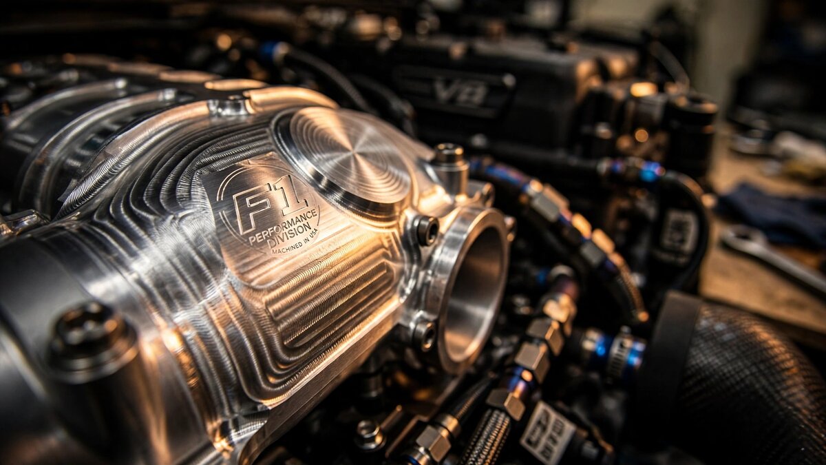 CNC-machined billet aluminum supercharger cover on the CT5-V Blackwing F1 Collector Series