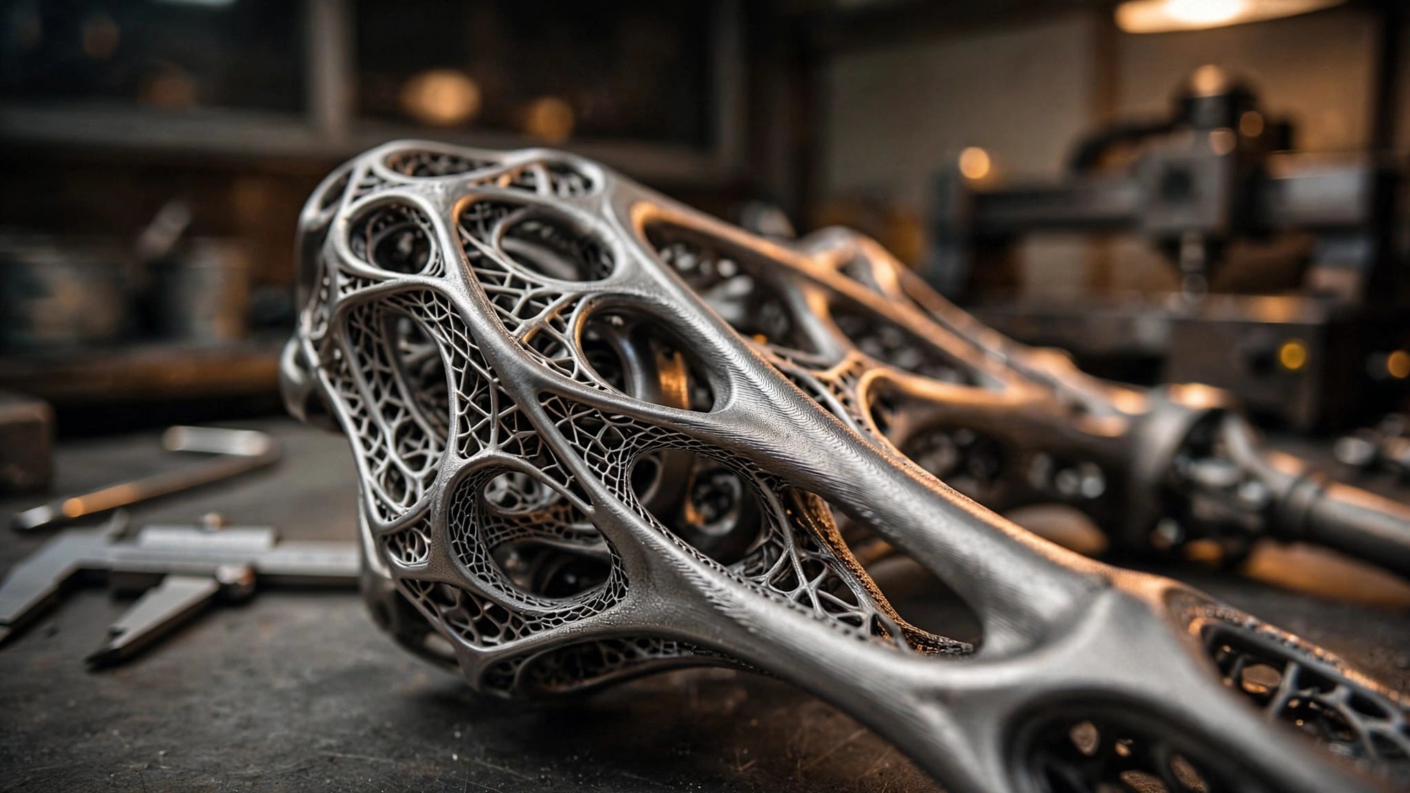 Macro photograph of a 3D-printed titanium suspension component showing organic lattice topology optimization geometry