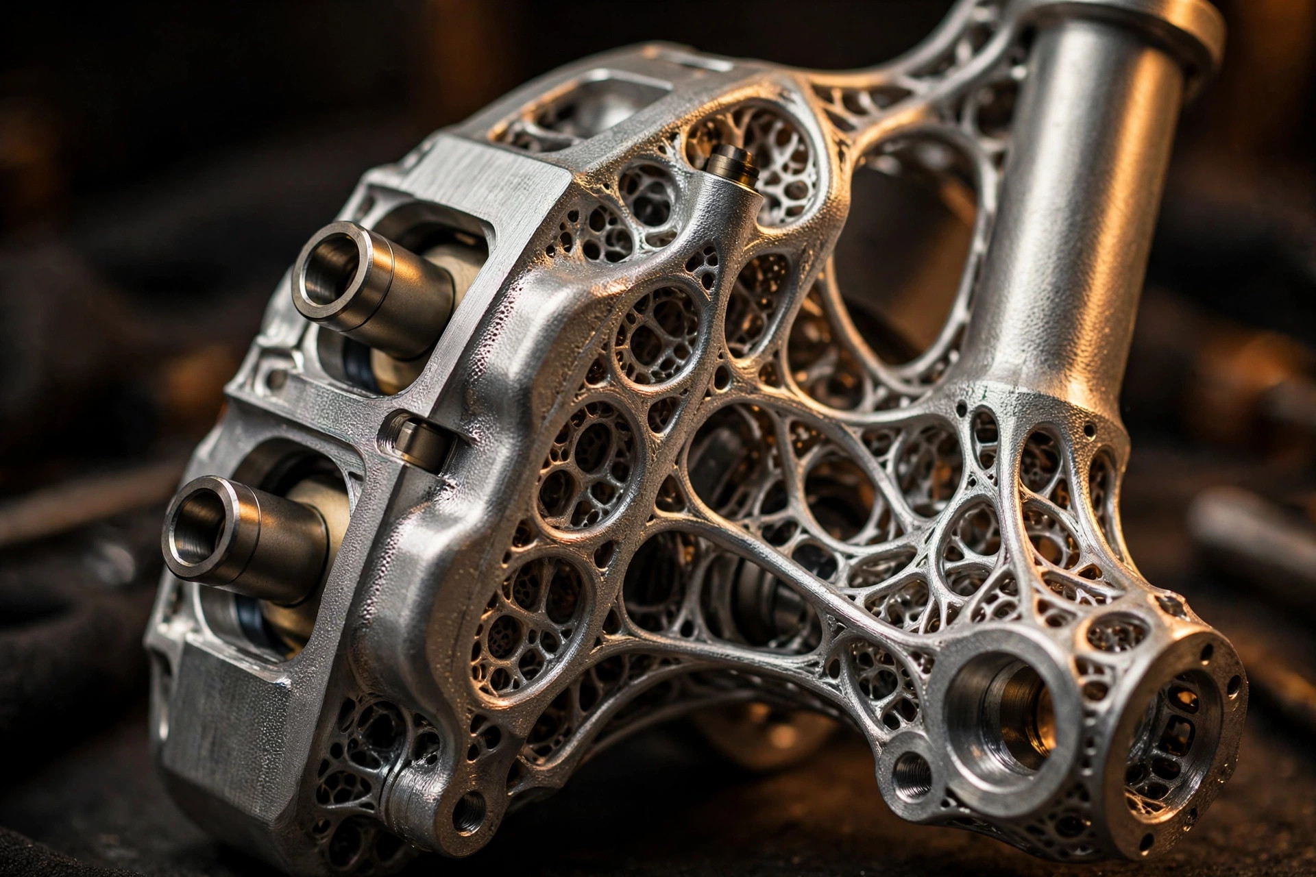 Macro photograph of an intricate 3D-printed aluminum brake assembly with organic bone-like lattice structures merging caliper and suspension upright forms, warm directional workshop lighting