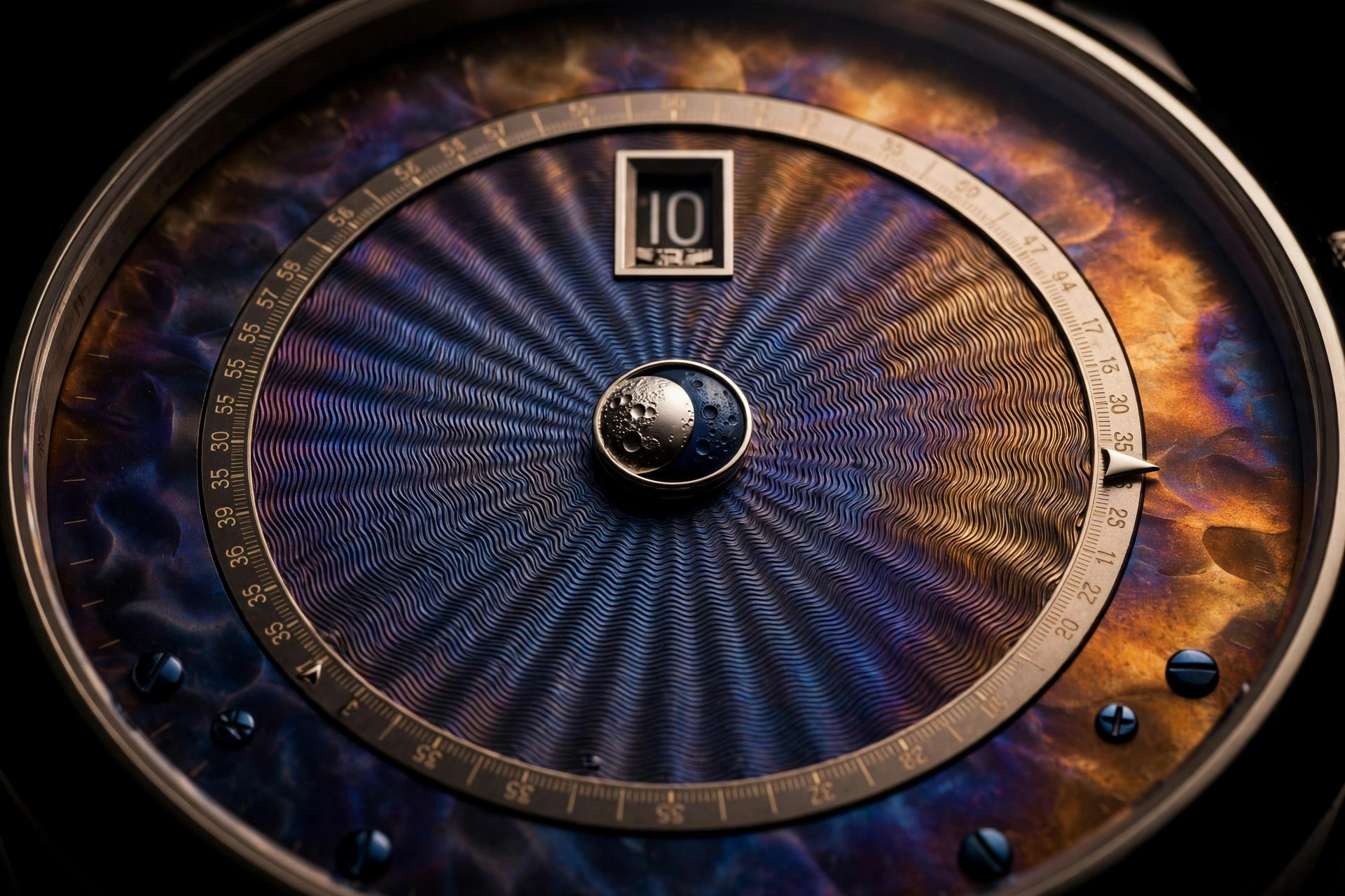 Editorial macro photograph of a luxury watch dial in deep flame-blued titanium with hand-cut guilloche texture, a jumping-hour numeral aperture at twelve o'clock, a polished spherical moon phase orb in palladium and blued steel at the center, warm directional studio lighting