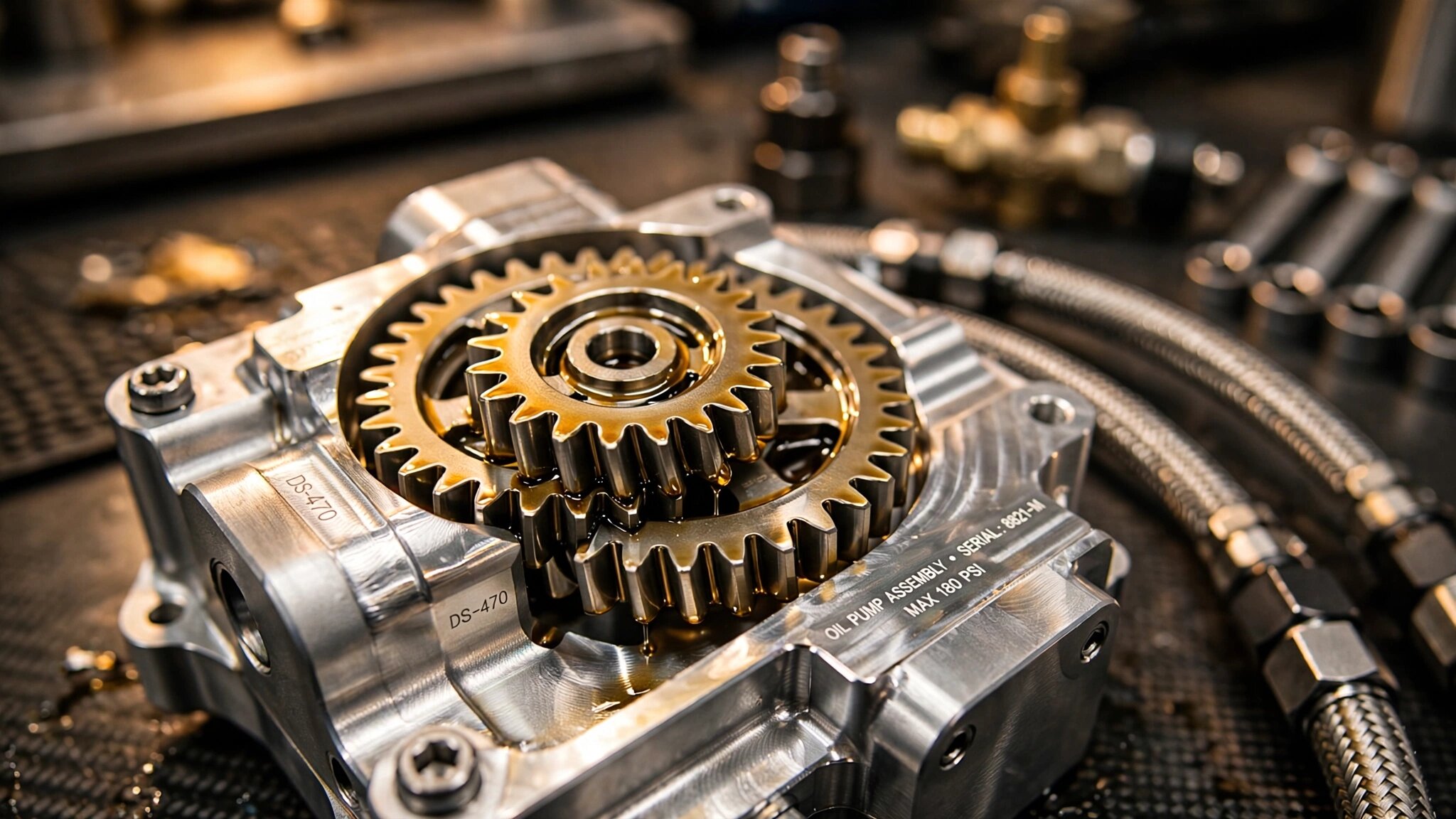 Close-up of a dry sump oil pump assembly showing machined aluminum gerotor gears and braided steel lines