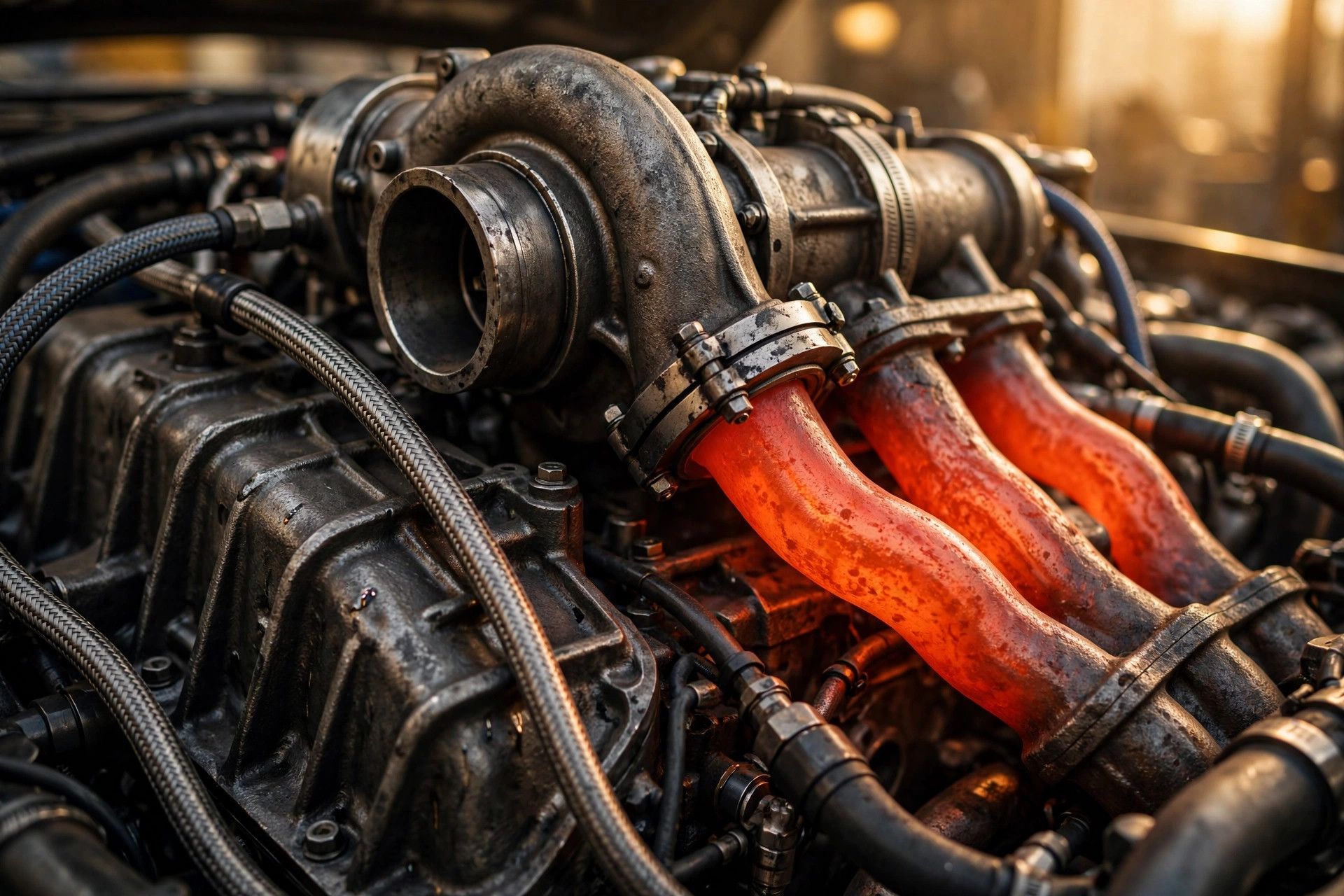 Editorial macro photograph of a large turbocharger on a heavy-duty diesel engine, exhaust runners glowing orange-hot in warm amber workshop light, with braided steel lines and cast-iron block detail