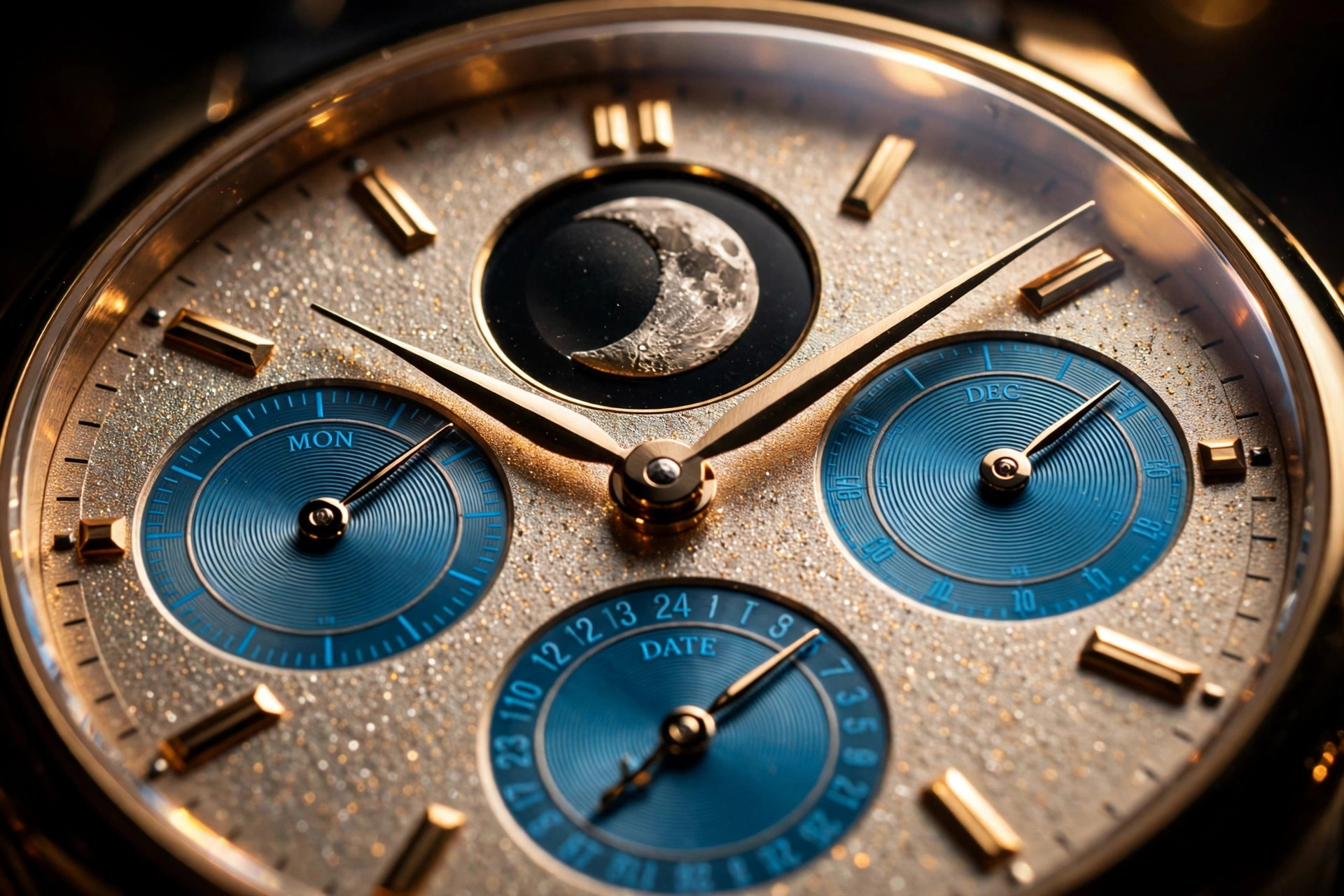 Editorial macro photograph in warm amber light of a watch moonphase complication: a black lacquer moon disc with a hand-finished silver moon glowing against a frosted warm silver dial, cyan blue printed subdials, diamond-polished black gold pipette hands, domed sapphire crystal reflections on a dark background