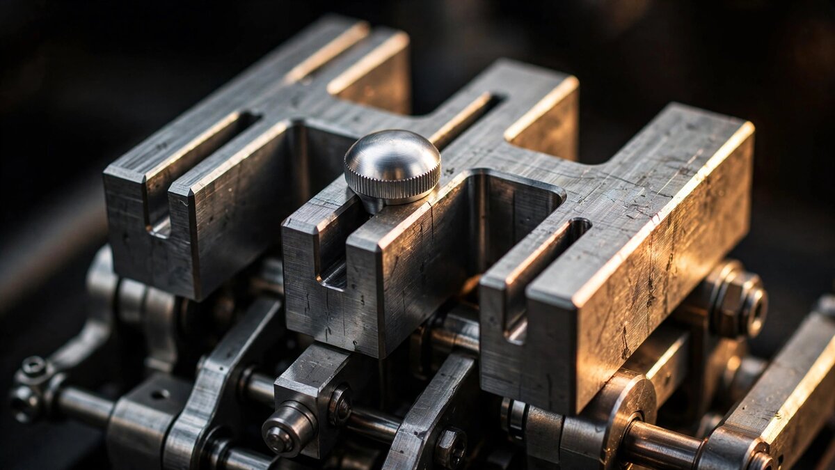 Close-up photograph of an open-gate gear selector mechanism showing machined steel H-pattern gate and polished aluminum gear knob under warm directional lighting