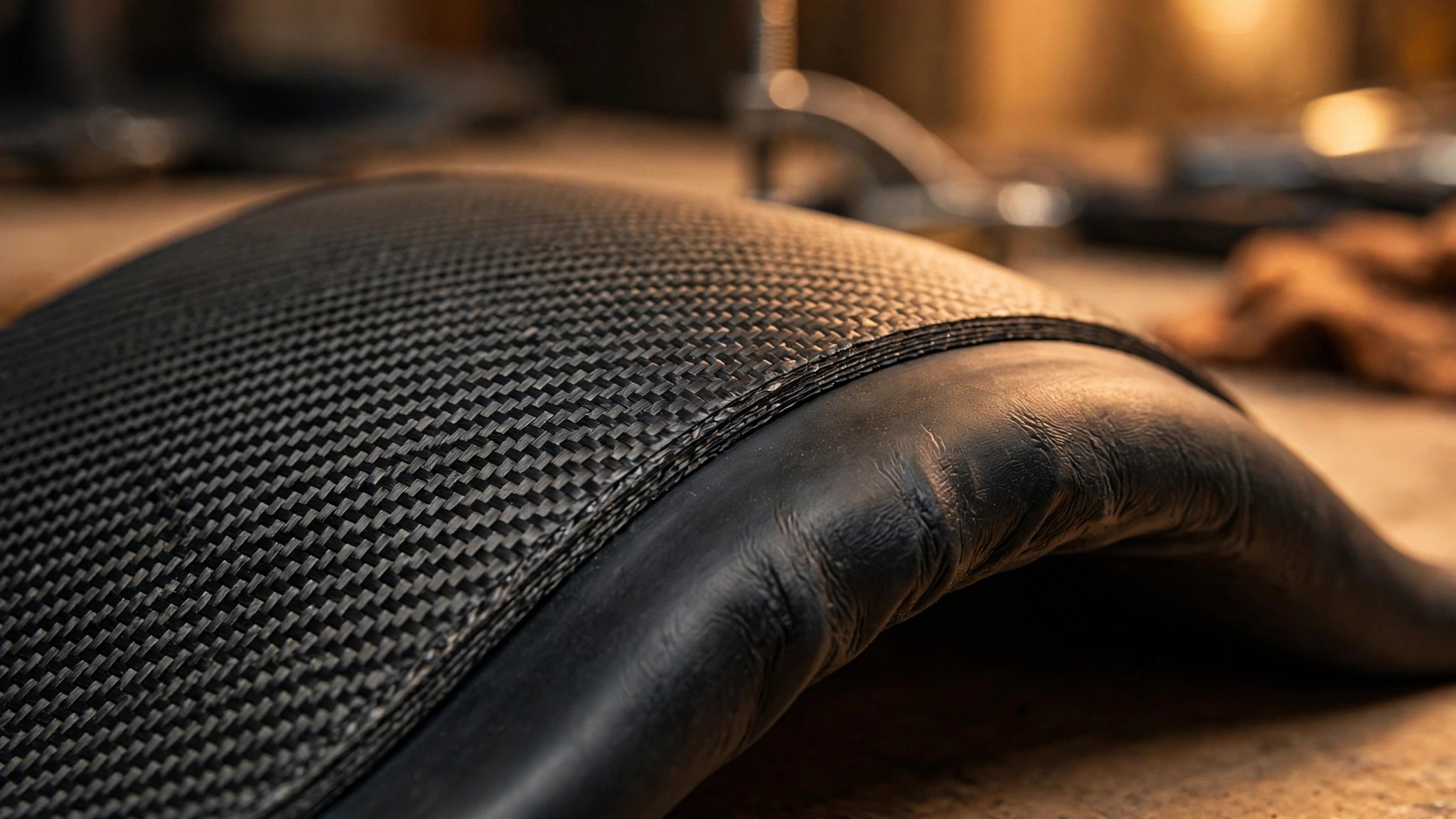 Macro photograph of a curved carbon fiber composite panel bending under aerodynamic stress with warm studio lighting