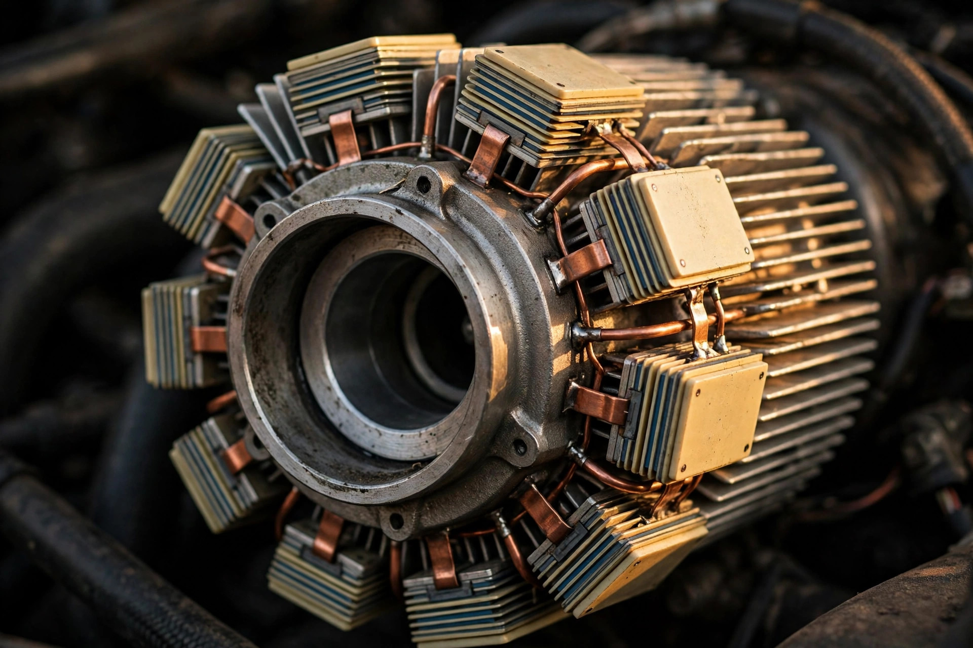 Editorial macro photograph in warm amber light of a turbocharger compressor inlet wrapped in finned thermoelectric cooling modules, ceramic Peltier plates and copper interconnects visible between radial cooling fins
