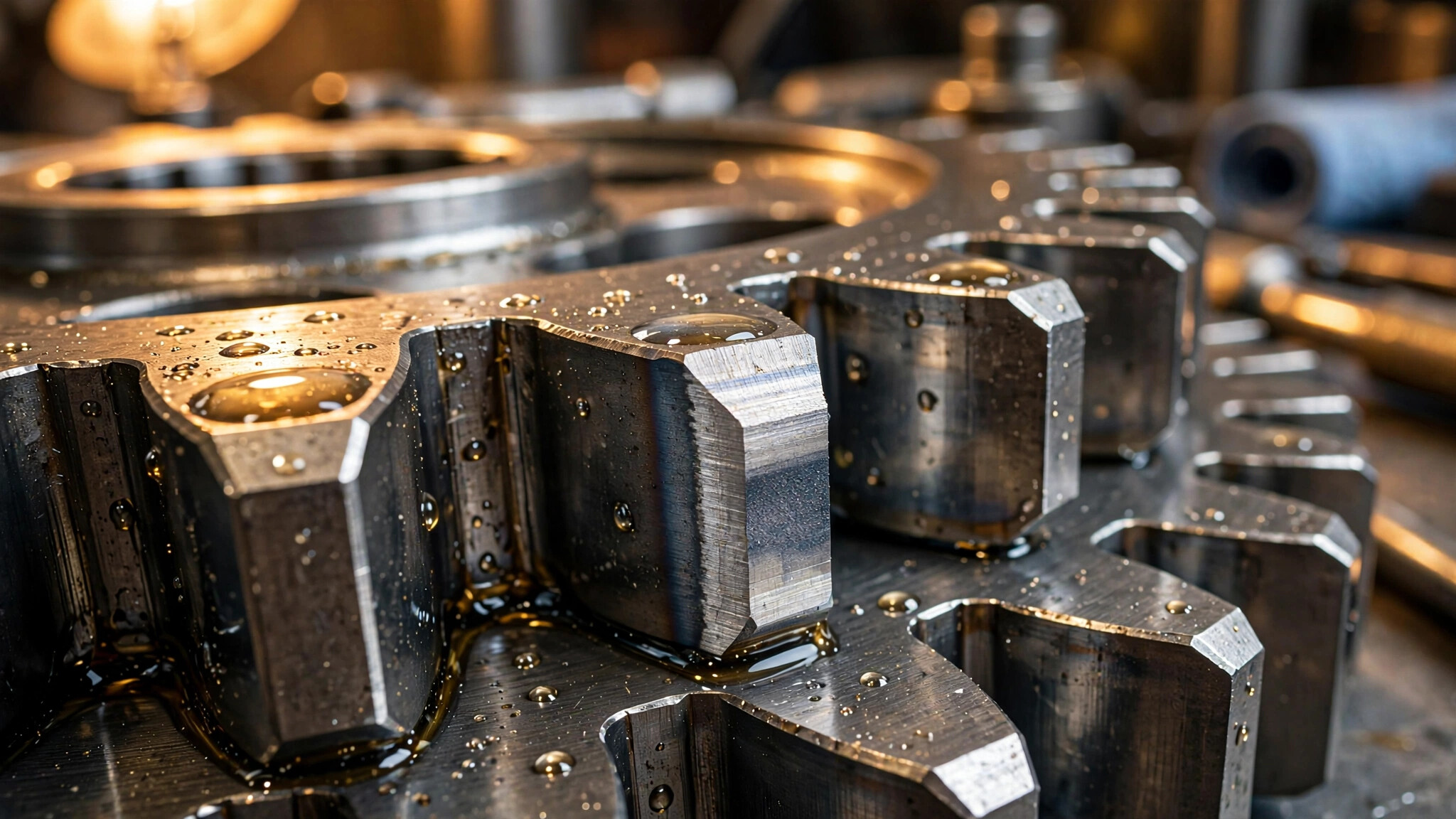 Close-up macro photograph of precision-machined steel racing gears with polished tooth surfaces and carburized case layer
